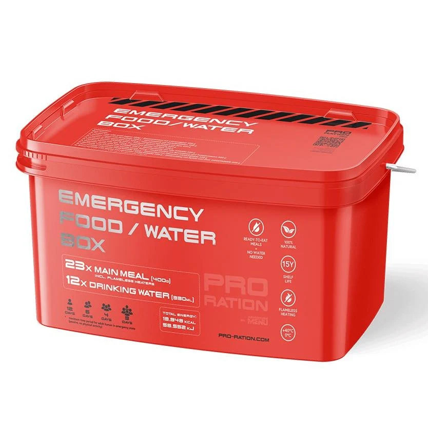 Pro Ration - Emergency Food/Water Box, 23 Måltider inkl. 4L Vand, 15 års Holdbarhed-1-XtraGrej