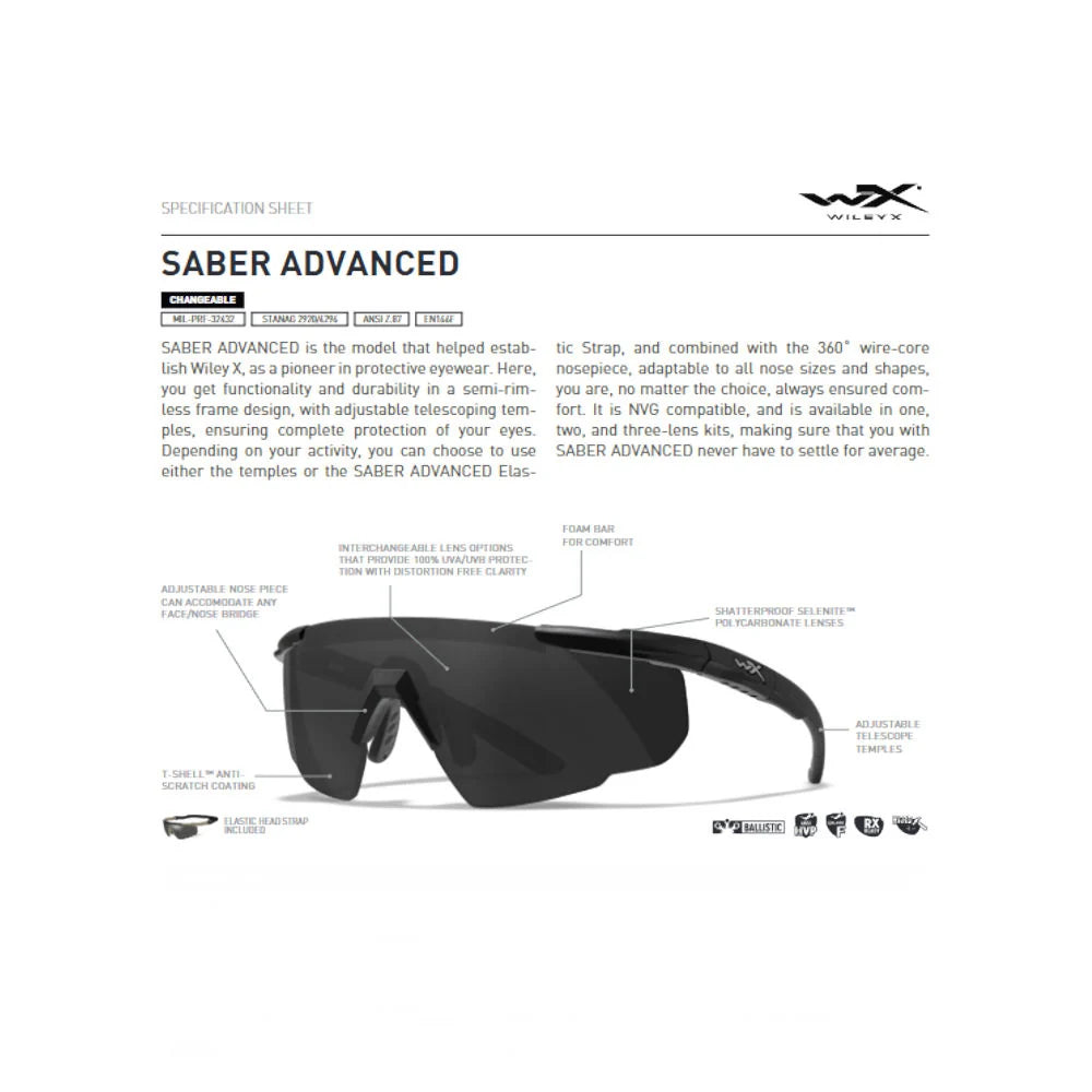 Wiley X - Saber Advanced Ballistiske Briller Klar - 1 Linse fra Wiley X - billede nr. 3 hos GrejFreak.dk