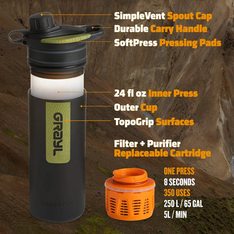 Grayl - Geopress Flaske Med Vandrensefilter 710ml // Sort Camo fra Grayl - billede nr. 6 hos GrejFreak.dk