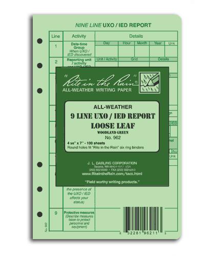 All-Weather 9-LINE UXO/IED Report papper - Green
