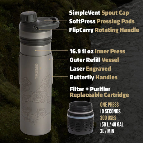 Grayl - UltraPress Titanium flaske med Vandrensefilter 500 ml // Sort-4-XtraGrej